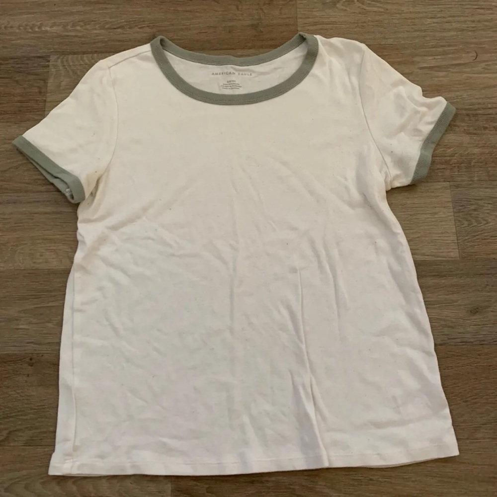 American Eagle T-Shirt White And Green Size Small Basic Ringer